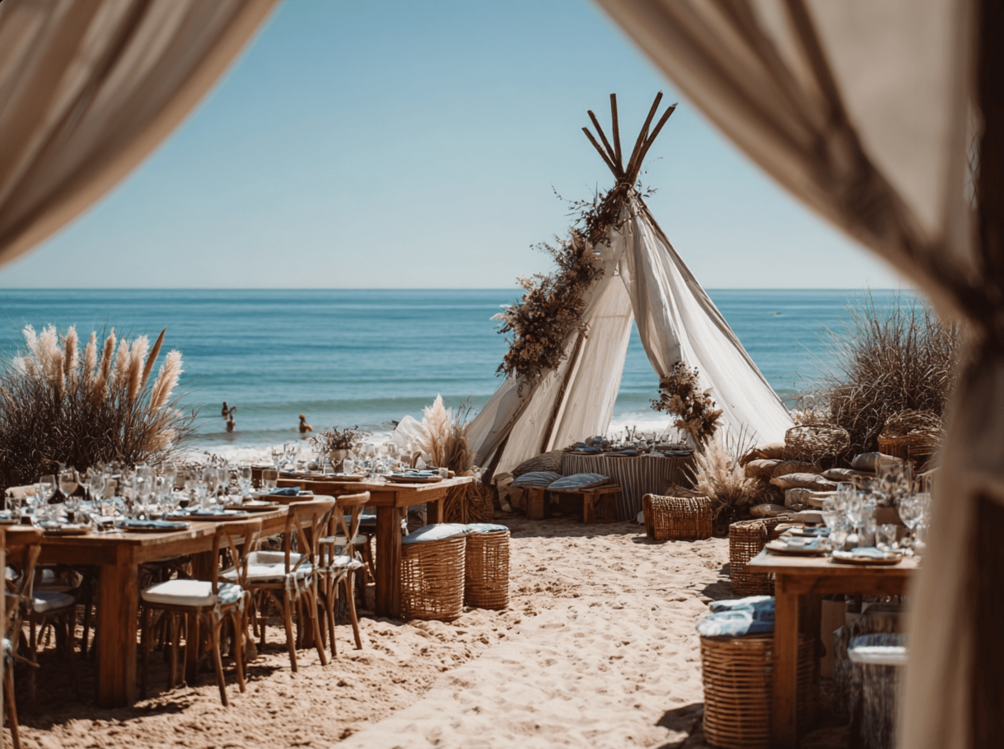 Boho Beach wedding concept with natural beach decor and ocean views